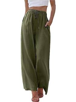 MorFansi Damen Sommerhose Baumwolle Leinen Weites Bein Hosen Flowy Palazzo Freizeithose Strandhose Yoga Jogginghose mit Taschen (Armeegrün,2XL) von MorFansi