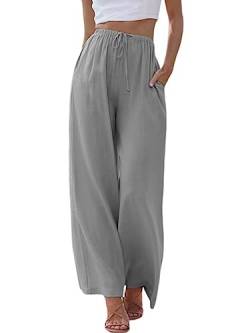 MorFansi Damen Sommerhose Baumwolle Leinen Weites Bein Hosen Flowy Palazzo Freizeithose Strandhose Yoga Jogginghose mit Taschen (Grau,L) von MorFansi