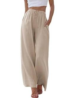 MorFansi Damen Sommerhose Baumwolle Leinen Weites Bein Hosen Flowy Palazzo Freizeithose Strandhose Yoga Jogginghose mit Taschen (Khaki,L) von MorFansi