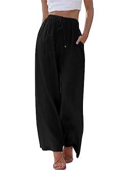 MorFansi Damen Sommerhose Baumwolle Leinen Weites Bein Hosen Flowy Palazzo Freizeithose Strandhose Yoga Jogginghose mit Taschen (Schwarz,3XL) von MorFansi