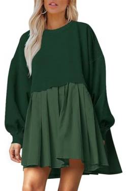 MorFansi Damen Sweatshirt Kleid Rundhals Langarm Patchwork Pullover Minikleid Baggy Flowy Oversized Tops (Dunkelgrün,L) von MorFansi
