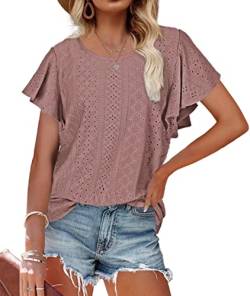 MorFansi Damen T-Shirt Rüschenärmel Bluse Sommer Elegant Aushöhlen Tops Casual Rundhals Loose Shirts Oberteile (Dunkelrosa,L) von MorFansi