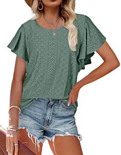 MorFansi Damen T-Shirt Rüschenärmel Bluse Sommer Elegant Aushöhlen Tops Casual Rundhals Loose Shirts Oberteile (Grün,XL) von MorFansi