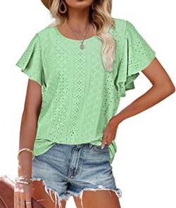 MorFansi Damen T-Shirt Rüschenärmel Bluse Sommer Elegant Aushöhlen Tops Casual Rundhals Loose Shirts Oberteile (See Grün,L) von MorFansi
