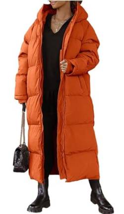 MorFansi Damen Wintermantel Lange Puffer Daunenjacke Langarm Gesteppter Mantel Funktionsjacke Winter Kapuze Oberbekleidung (Orange,2XL) von MorFansi