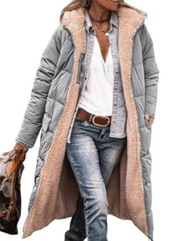 MorFansi Damen Wintermantel Reversibel Lange Ärmel Fleecejacke Outdoorjacke Steppjacke Kapuze Oberbekleidung (Hellgrau,S) von MorFansi