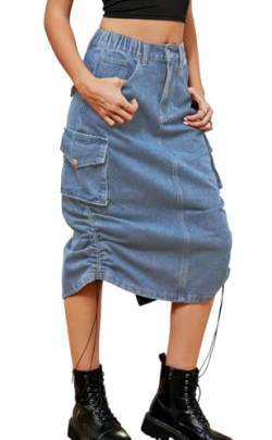 MorFansi Damen Y2K Cargo Röcke Jeans Bleistiftrock High Waist Elegant Kordelzug Midi Rock Casual mit Taschen (Denim,L) von MorFansi