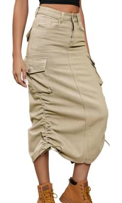 MorFansi Damen Y2K Cargo Röcke Jeans Bleistiftrock High Waist Elegant Kordelzug Midi Rock Casual mit Taschen (Khaki,2XL) von MorFansi