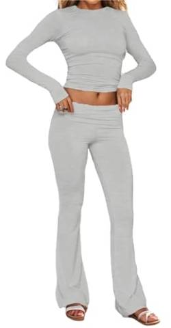 MorFansi Damen Zweiteiliges Outfit Lounge Set Langarm Crop Top und Schlaghose Trainingsanzug Loungewear Schlafanzug Hausanzug Pyjama (Hellgrau,M) von MorFansi