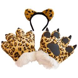 Stirnbänder, Plüsch Leopard Cosplay Kostüm Set Ohren Stirnband 3D Tier Pfote Handschuhe Party Requisiten von Morain