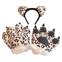 Stirnbänder, Plüsch Leopard Cosplay Kostüm Set Ohren Stirnband 3D Tier Pfote Handschuhe Party Requisiten von Morain