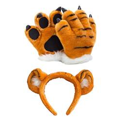 Stirnbänder, Plüsch Tiger Cosplay Kostüm Set Niedliche Ohren Stirnband Tier Pfote Handschuhe Party Requisiten von Morain