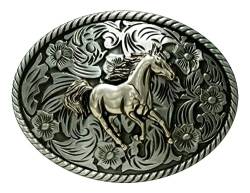 Moranse Silberne Gürtelschnallen mit schönem Pferd-Gravurmuster, Cowboy-Western-Gürtelschnallen, Ovales, silberfarbenes Pferd, Medium von Moranse