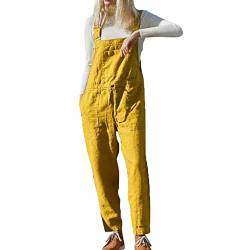 Morbuy Damen Frauen Retro Latzhose Lässig Insgesamt Baggy Jumpsuits, Leinen Taschen Playsuit Hose Lange Harem Casual Overalls Täglichen Trousers Pants Schwangere Hosen (Gelb,M) von Morbuy