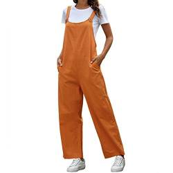 Morbuy Damen Latzhose Baggy Jumpsuits, Sommer Frauen Retro Leinen Lange Casual Overall Hose Playsuit Schwangere Hosen mit Taschen, Große Größe S-2XL (Orange,L) von Morbuy