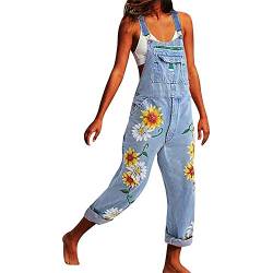 Morbuy Damen Latzhosen Overall,Klassisch Vintage Blumen Drucken Frauen Jeans Langer Baggy Boyfriend Denim Gerades Bein Jumpsuit Playsuit S-5XL Stylisch Hosen mit Taschen (5XL,Hellblau) von Morbuy