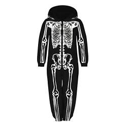 Morbuy Jumpsuit Jogger für die Ganze Familie, Unisex Junge Mädchen Kapuzenpullover Strampelanzug 3D Printed Onepiece Sweatshirt Männer Strampler Nachtwäsche (S(125-130cm),Skelett) von Morbuy