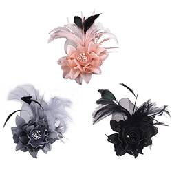 Damen Federbrosche Hutfeder, Morechioce Vintage Perlen Blume Brosche Trachtenbrosche Party Feder Schmuck Ansteckbrosche Hutfeder Elegant Hutschmuck Kopfbedeckung Hut-Anstecker,Schwarz Rosa Grau von MoreChioce