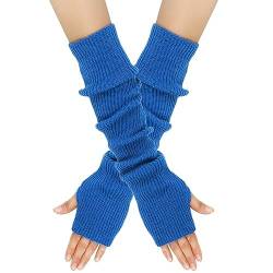 MoreChioce 1 Paar Frauen Lange Fingerlose Handschuhe, Winter Gestrickt Armstulpen Ellenbogenlange Handgelenk Pulswärmer Damen Halbfingerhandschuhe Fäustlinge Strickhandschuhe mit Daumenloch,Blau von MoreChioce