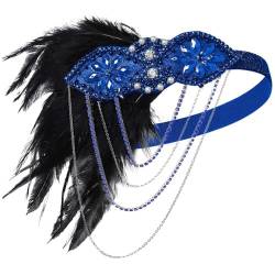 MoreChioce 1920er Jahre Feder Flapper Kopfschmuck, Vintage Feder Kopfschmuck Feder-Kristall-Stirnband Gatsby Kostüm Accessoires Haar Haarnadel Hut Clip Karneval Party Feder Haarband,Blau von MoreChioce