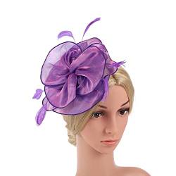 MoreChioce Damen Fascinator Hanf Hut, Mesh Feder Stirnband mit Haarspange Atmungsaktiv Braut Feder Blumen Haarschmuck Kopfbedeckung Braut Haarband Cocktailhüte für Frauen und Mädchen,Lila von MoreChioce