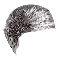 MoreChioce Damen Indische Turban,1920s Vintage Kopftuch mit Kristall Retro Turban Hut Glitzer Headwrap Elastische Kopfbedeckung Kopf Wraps,Silber von MoreChioce