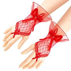 MoreChioce Damen Spitzenhandschuhe, Kurz Fingerlose Brauthandschuhe Elegante Höflichkeit Sommerhandschuhe Handgelenk Vintage Lace Hochzeithandschuhe Handstulpen für Damen Frauen Mädchen,Rot von MoreChioce