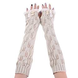 MoreChioce Fingerlose Handschuhe für Frauen, Gestrickte Lange Armstulpen Handschuhe Winterwärmer Handgelenk Fingerlose Handschuhe Pulswärmer mit Spitzenknopf Daumenloch,Beige von MoreChioce