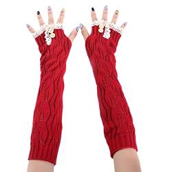 MoreChioce Fingerlose Handschuhe für Frauen, Gestrickte Lange Armstulpen Handschuhe Winterwärmer Handgelenk Fingerlose Handschuhe Pulswärmer mit Spitzenknopf Daumenloch,Rot von MoreChioce