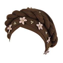 MoreChioce Frauen Baumwolle Turban Hut,Elegante Elastische Stirnband Chemo Kopftücher Bandana Kopfbedeckung Haarschmuck mit Kaffee Perlen von MoreChioce