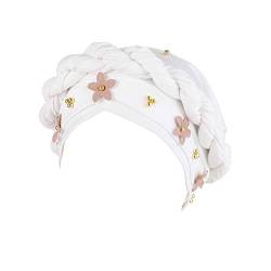 MoreChioce Frauen Baumwolle Turban Hut,Elegante Elastische Stirnband Chemo Kopftücher Bandana Kopfbedeckung Haarschmuck mit Weiß Perlen von MoreChioce