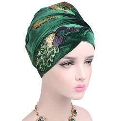 MoreChioce Muslimische Kopftuch,Damen Samt Turban Afrikanischen Kopfschmuck Paillette Pfau Feder Muster Kopfbedeckung Winter Hut Frauen Kopf Wraps Elastische Bonnet Hijab Headwrap,Grün von MoreChioce