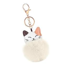 MoreChioce Pom Pom Schlüsselanhänger, Katze Bommel Schlüsselbund Anhänger Taschenanhänger Süß Plüsch Ball Schlüsselringe Mädchen Rucksack Charms Kofferanhänger Dekoration Zubehör,Beige von MoreChioce