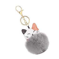 MoreChioce Pom Pom Schlüsselanhänger, Katze Bommel Schlüsselbund Anhänger Taschenanhänger Süß Plüsch Ball Schlüsselringe Mädchen Rucksack Charms Kofferanhänger Dekoration Zubehör,Grau von MoreChioce