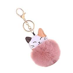 MoreChioce Pom Pom Schlüsselanhänger, Katze Bommel Schlüsselbund Anhänger Taschenanhänger Süß Plüsch Ball Schlüsselringe Mädchen Rucksack Charms Kofferanhänger Dekoration Zubehör,Rosa von MoreChioce