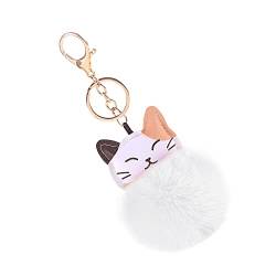 MoreChioce Pom Pom Schlüsselanhänger, Katze Bommel Schlüsselbund Anhänger Taschenanhänger Süß Plüsch Ball Schlüsselringe Mädchen Rucksack Charms Kofferanhänger Dekoration Zubehör,Weiß von MoreChioce