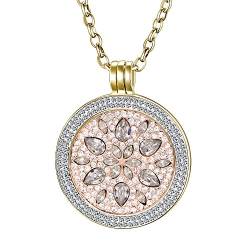 Morella Damen Halskette Gold 70 cm Edelstahl und Zirkonia Anhänger mit Coin Blüte Zirkonia Silber 33 mm im Schmuckbeutel von Morella