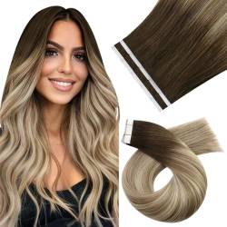 Moresoo Echthaar Extensions Tape in Blonde Haarextension Echthaar Tape Dunkelbraun bis Mittelblond mit Blond Ombre Unsichtbare Tape in Extensions Echthaar Blond 10 Stück/25g 35 cm #3/8/22 von Moresoo