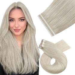 Moresoo Extensions Echthaar Tape in Extensions Echthaar Blond Gesträhnt Remy 55cm Haarverlängerung Echthaar Tapes Platinblond Extensions Glatt 10 Stück 25 Gramm #60 von Moresoo