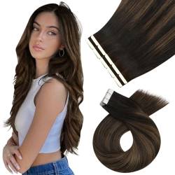 Moresoo Invisible Tape Extensions Echthaar Balayage Braun 40cm Tapes Klebestreifen Extensions Echthaar Dunkelbraun bis Hellbraun mit Dunkelbraun Haarextension Echthaar Tape #2/6/2 10 Stück 25g von Moresoo
