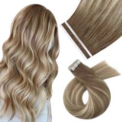 Moresoo Invisible Tape in Extensions Echthaar Hellbraun 60 cm Tape Extensions Kastanienbraun mit Goldblond Echthaar Extensions Tape Klebe Extensions Braun 10 Stück 25g/Pack #8/22/8 von Moresoo