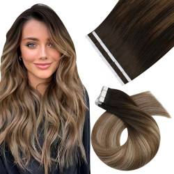 Moresoo Nahtlose Tape in Extensions Echthaar Braun Haarverlängerung Echthaar Tapes Dunkelbraun bis Goldbraun mit Honigblond Tape Extensions Echthaar Braun 40 cm 10 Stück/25g #4/10/16 von Moresoo