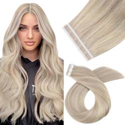 Moresoo Tape in Extensions Echthaar Blond 40 cm Haarverlängerung Echthaar Tapes in Aschblond mit Bleichblond Extensions Echthaar Tape Blond Tape Extensions Echthaar Remy #18/613 10 Stück/25g von Moresoo