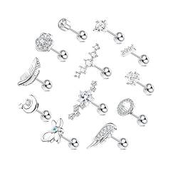 Morfetto 12 STÜCK 18 G Edelstahl Langhantel Helix Knorpel Ohrstecker CZ Blatt Libelle Blume Flügel Mond Stern Vorwärtshelix Tragus Daith Muschel Piercing Schmuck für Frauen Männer Silber von Morfetto