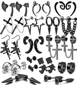 Morfetto 16 Paar Edelstahl Punk Y2K Schwarze Ohrringe für Männer Frauen Herren Ohrringe Axt Schädel Schraube Kegel Coole Emo Goth Ketten Schmuck Piercing Ohrhänger Creolen Ohrstecker Set von Morfetto