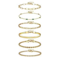 Morfetto 6 Stück Kettenarmbandset für Damen Verstellbar 18 Karat vergoldet Zierlicher Edelstahl geschichtete Büroklammer Figaro Schlangenkette Zirkonia Link Goldarmband Schmuck von Morfetto