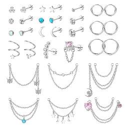 Morfetto Edelstahl Knorpel Ohrringe Set CZ Mond Stern Herz Schmetterling Flatback Helix Ohrstecker Kleine Huggie Creolen Kette Baumeln Tragus Knorpel Helix Piercing Schmuck 20G Silber von Morfetto