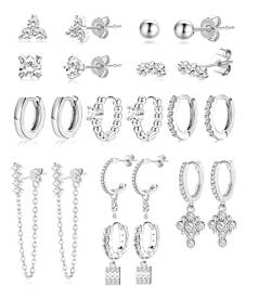 Morfetto Ohrringe Sets für mehrere Piercings 14K vergoldete Huggies Reifen Ohrstecker Ohrringe für Frauen Mädchen Kleine hypoallergene minimalistische Kettenreife CZ Ball Siber Ohrringe Sets von Morfetto