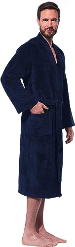 Morgenstern Herren Bademantel Kimono in Blau Männer Baumwolle Microfaser Viskose wadenlang leicht Größe L Kimonobademantel Hausmantel lang von Morgenstern