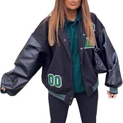 Morken Bomberjacke Damen Sweatjacke Ladies College Sweat Jacket Reißverschluss Für Frauen Oversized Patchwork Jacke Vintage Druck Jacken Baseball Mantel, Z1 Grün, M von Morken